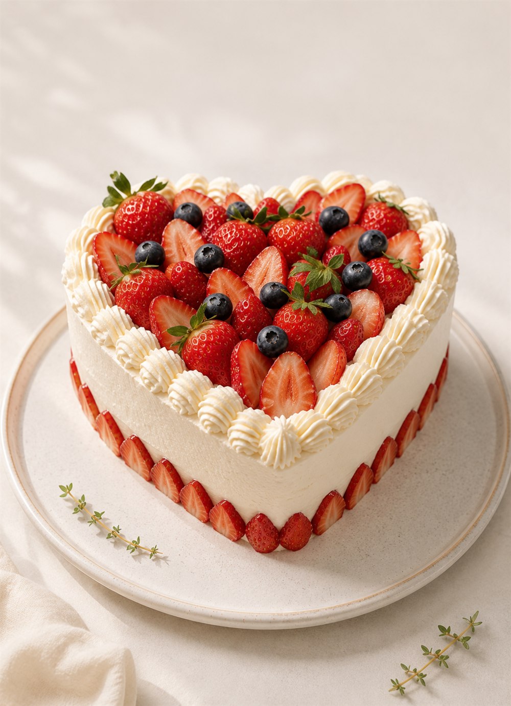 A handmade heart cake topped with fresh strawberries and blueberries