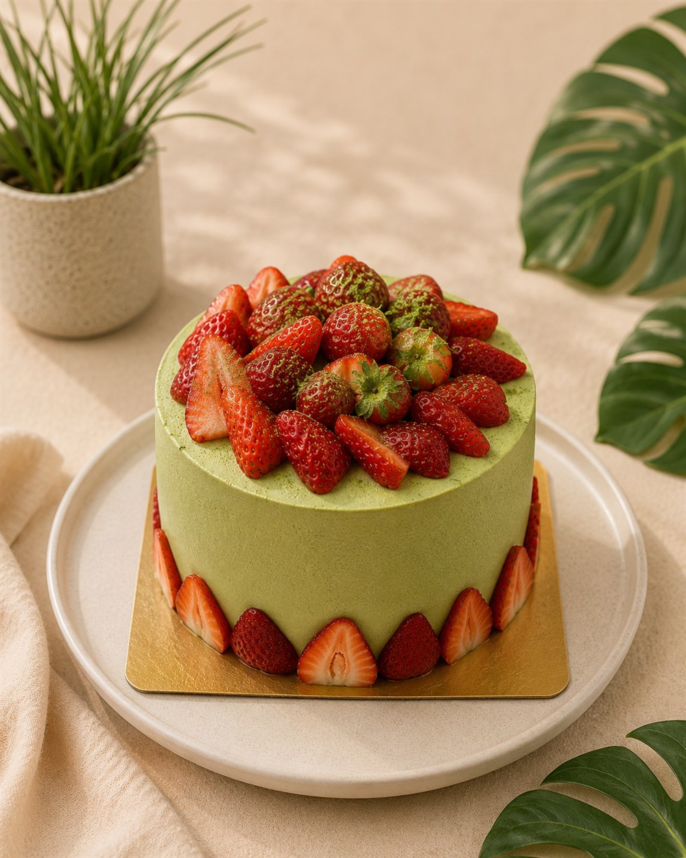 A handcrafted matcha cream cake topped with fresh strawberries from Utsuwa Green Tea
