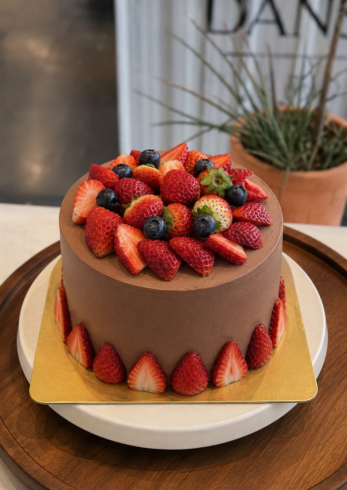 Chocolate cake with strawberry and blueberry