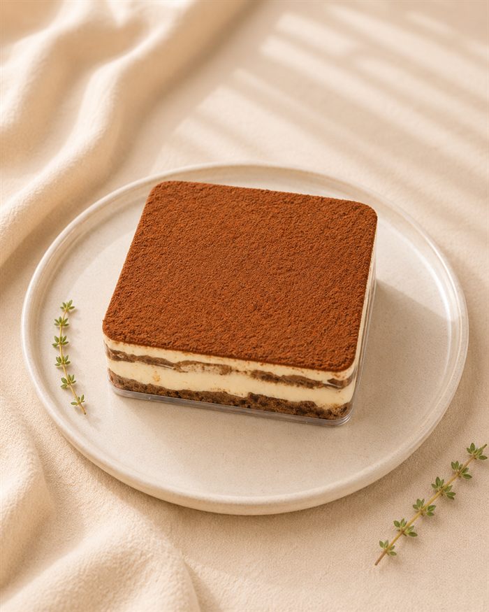 Tiramisu cake dusted with cocoa
